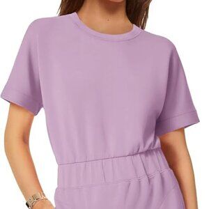 Light Purple Womens Short Sleeve T Shirt Dresses Crew Neck Smocked Waist